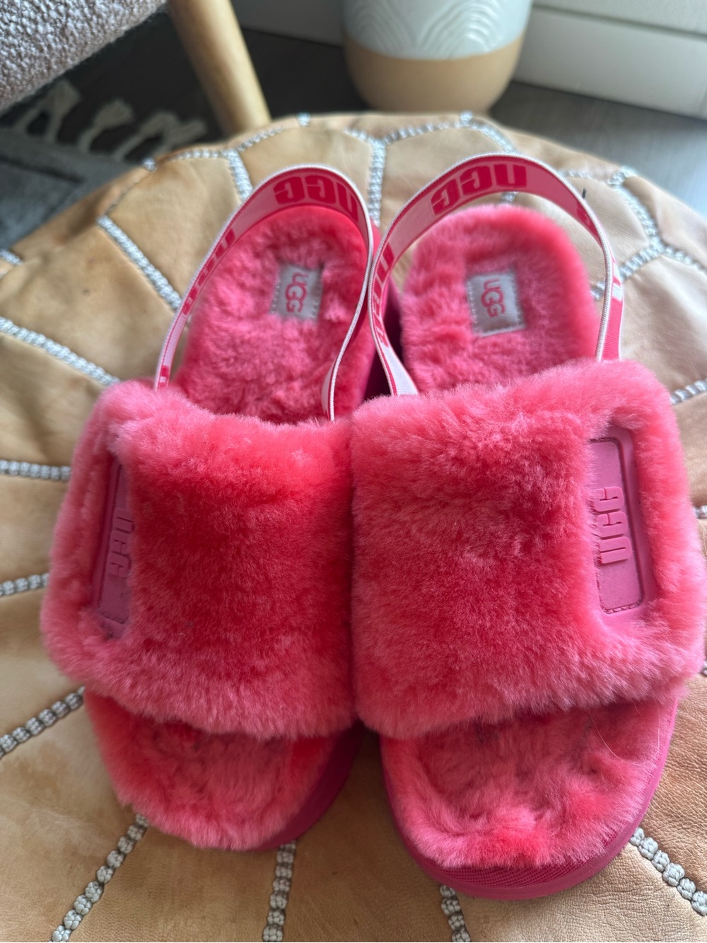 UGG Plush Shearling Slide Sandals in Hot Pink